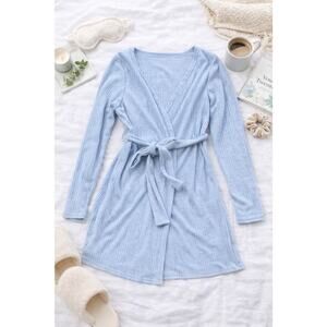 Womens Light Blue Ribbed Wrap Robe Cardigan Tie Waist Long Sleeve Size L